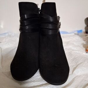 Torrid Women's Ankle Booties Black Strappy Block Heels Faux Suede 9.5 Wide